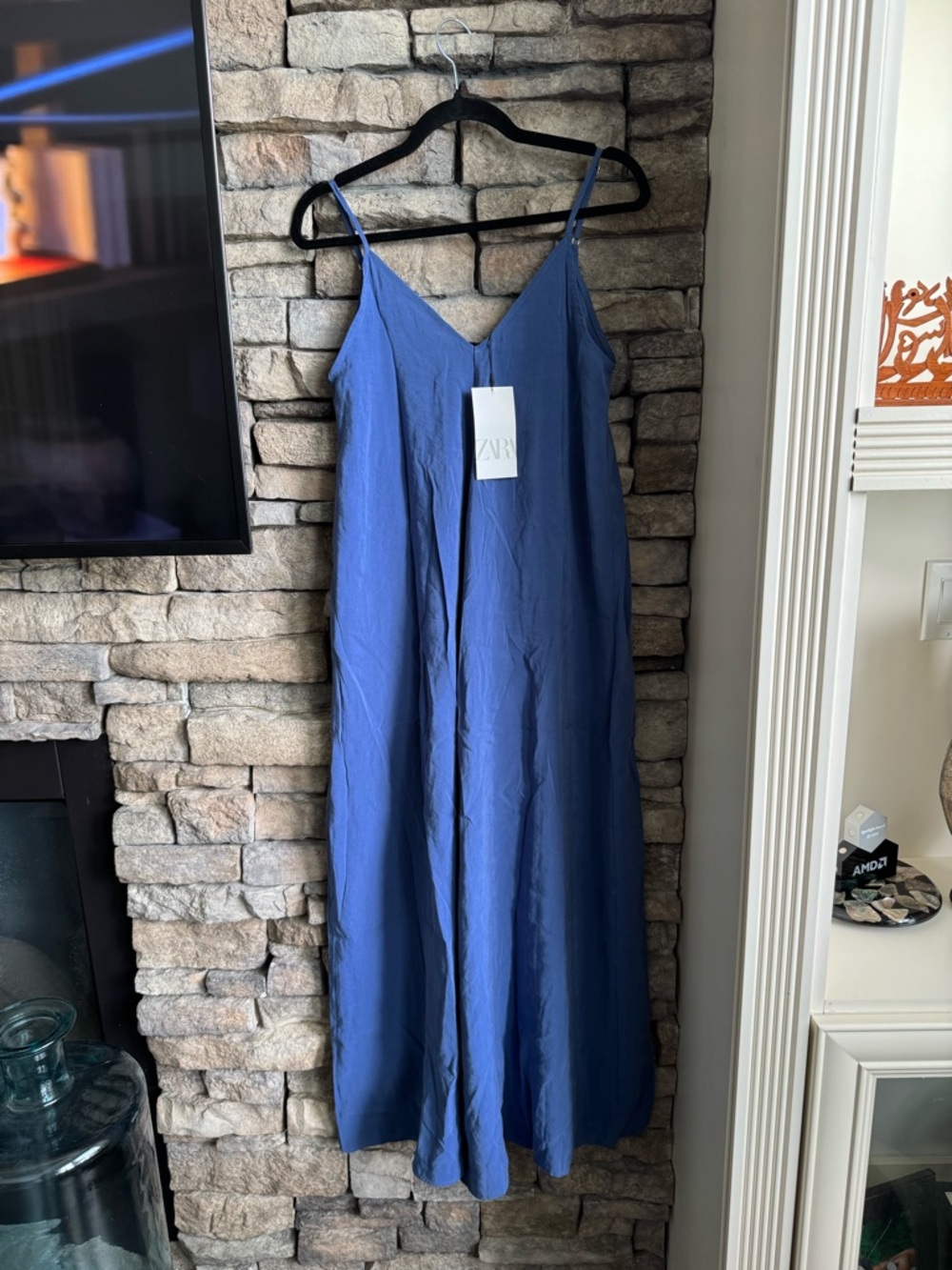 Zara Navy Blue V-Neck Slip Maxi Dress